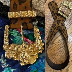 Julius Resnick 80s Suede Leopard Print Chundy Wide Belt Gold Tone Nugget ArtDeco